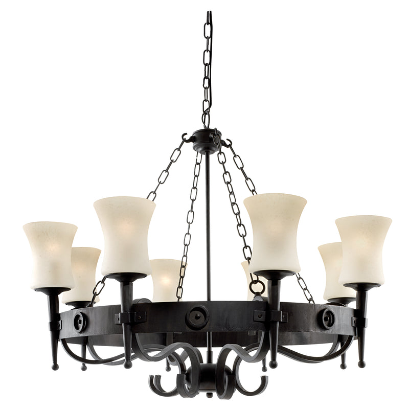 Searchlight 0818-8BK Cartwheel 8Lt Pendant - Black Metal & Sanded Glass