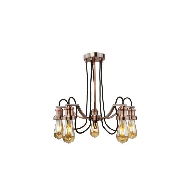 Searchlight 1065-5CU Olivia 5Lt Pendant- Antique Copper Metal & Blk Braided Cable