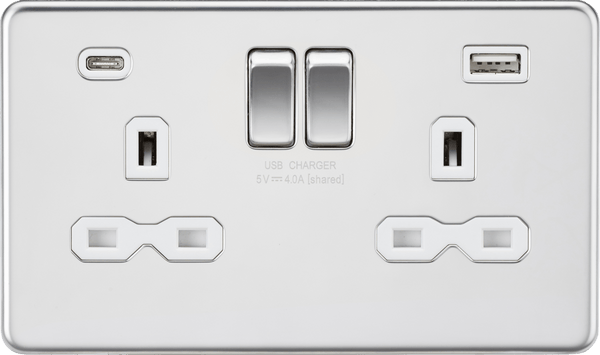 Knightsbridge MLA SFR9940PCW Screwless 13A 2G SP Switched Socket with Dual USB A+C (5V DC 4.0A shared) - Polished Chrome with White Insert - Knightsbridge MLA - Falcon Electrical