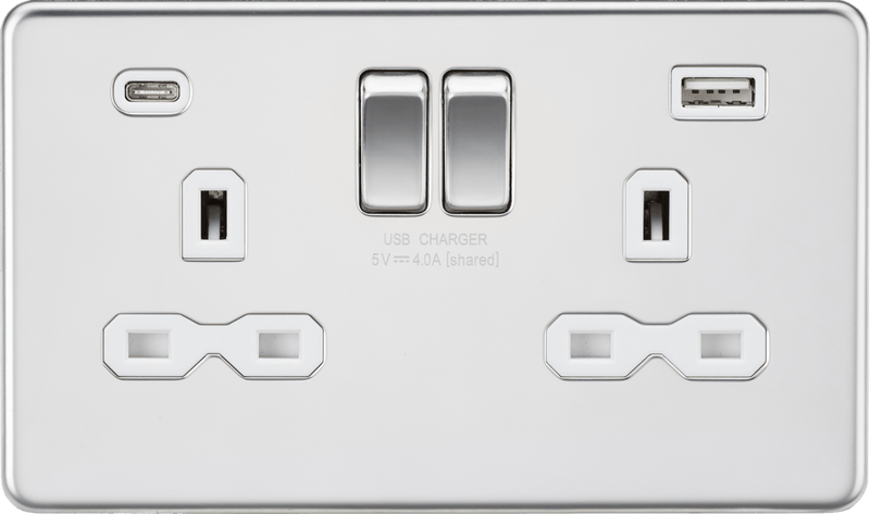 Knightsbridge MLA SFR9940PCW Screwless 13A 2G SP Switched Socket with Dual USB A+C (5V DC 4.0A shared) - Polished Chrome with White Insert - Knightsbridge MLA - Falcon Electrical