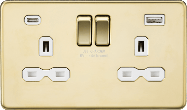 Knightsbridge MLA SFR9940PBW Screwless 13A 2G SP Switched Socket with Dual USB A+C (5V DC 4.0A shared) - Polished Brass with White Insert - Knightsbridge MLA - Falcon Electrical