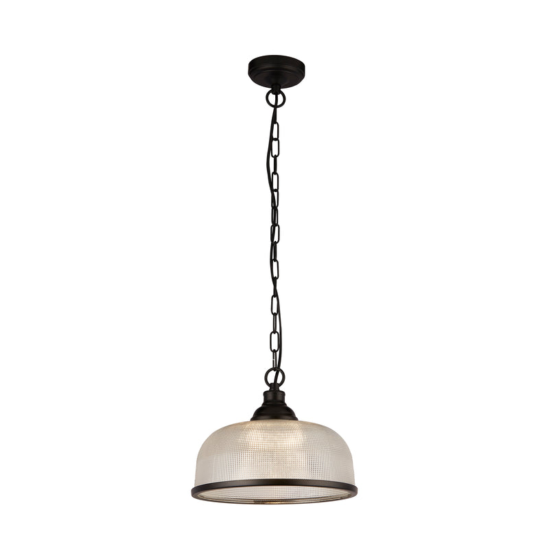 Searchlight 1682BK Highworth Pendant - Matt Black Metal & Holophane Style Glass - Searchlight - Falcon Electrical UK