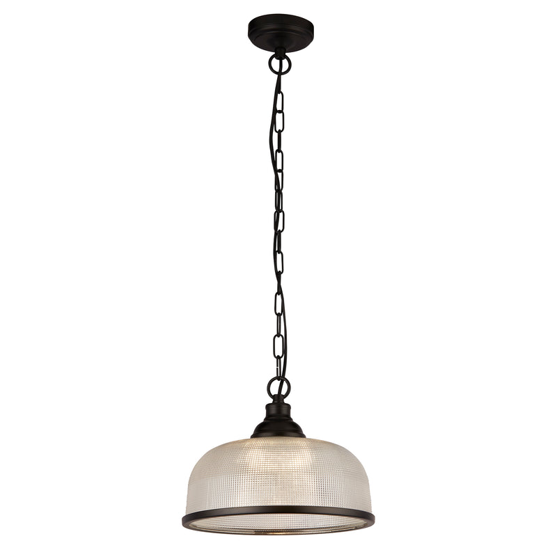 Searchlight 1682BK Highworth Pendant - Matt Black Metal & Holophane Style Glass - Searchlight - Falcon Electrical UK