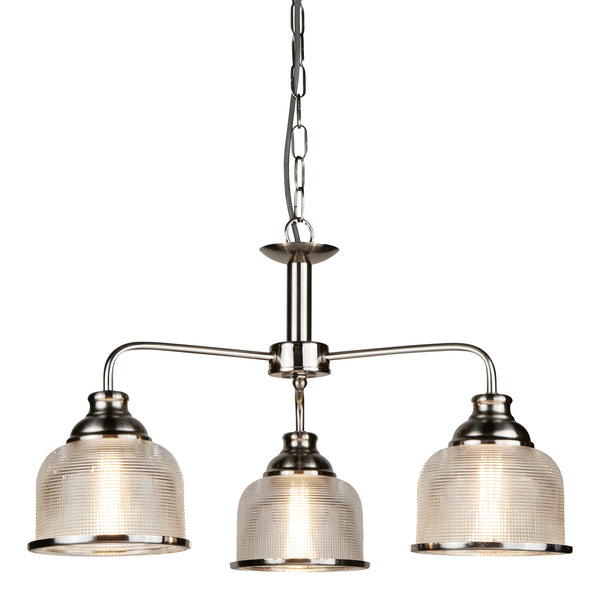 Searchlight 1683-3SS Bistro II 3Lt Pendant- Satin Silver & Holophane Style Glass