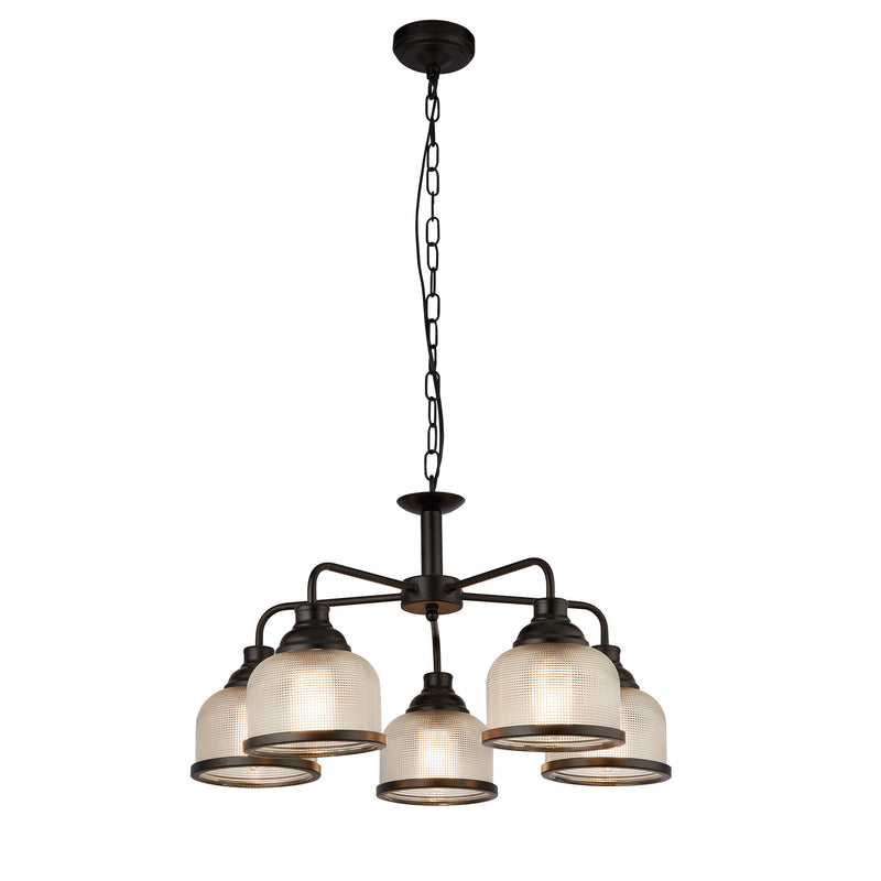 Searchlight 1685-5BK Highworth 5Lt Pendant - Black Metal & Holophane Style Glass