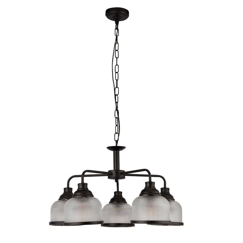 Searchlight 1685-5BK Highworth 5Lt Pendant - Black Metal & Holophane Style Glass