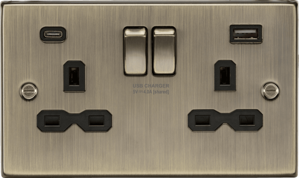 Knightsbridge MLA CS9940AB 13A 2G Switched Socket with Dual USB charger A + C (5VDC 4.0A Shared) - Antique brass with black insert - Knightsbridge MLA - Falcon Electrical