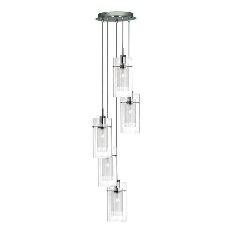 Searchlight 2305-5 Duo I 5Lt Multi-Drop Pendant - Satin Silver Metal & Glass