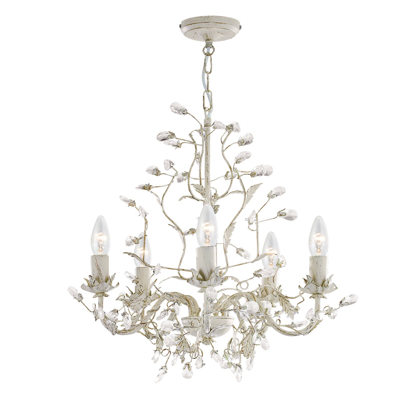 Searchlight 2495-5CR Alamandite 5Lt Pendant - Cream & Gold Metal & Glass Drops