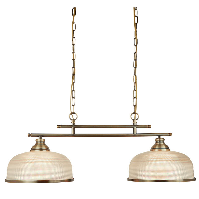 Searchlight 3592-2AB Bistro II 2Lt Pendant- Antique Brass & Holophane Style Glass