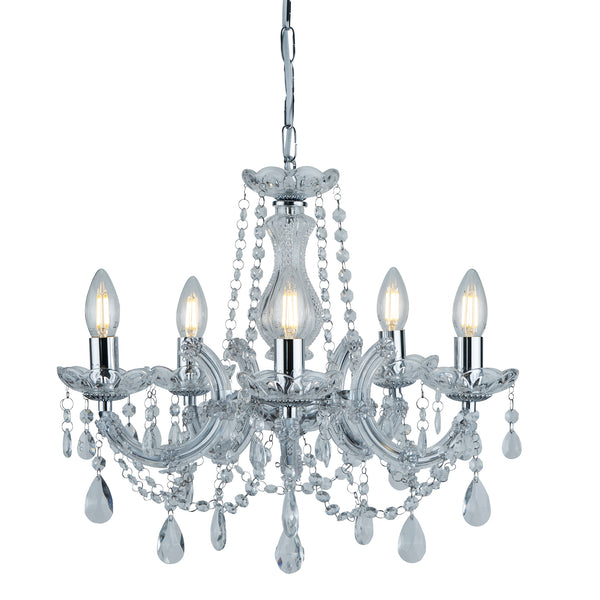 Searchlight 399-5 Marie Therese  5Lt Pendant - Chrome Metal & Clear Crystal