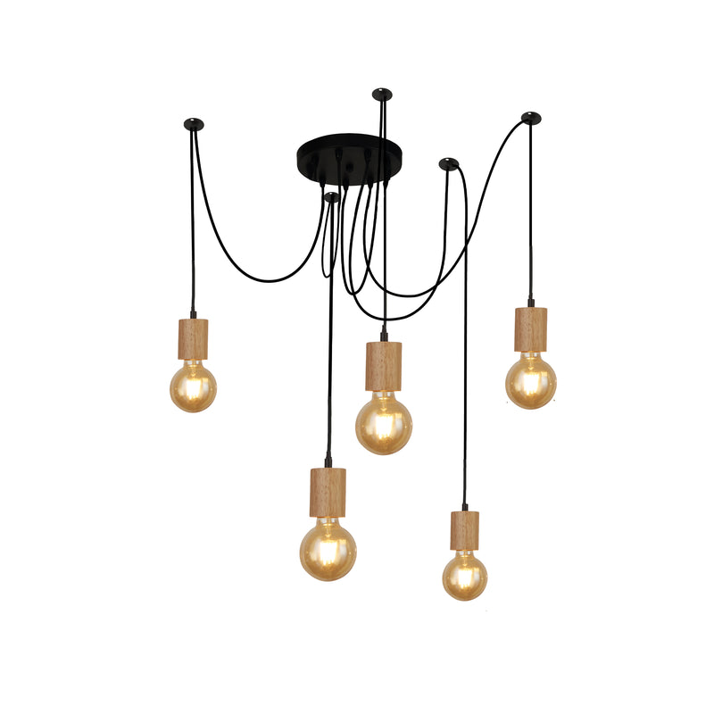 Searchlight 50213-5NA Spinny 5Lt Pendant - Wood & Matt Black Metal