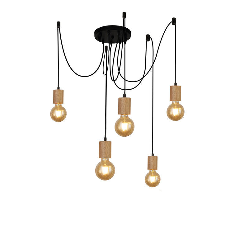 Searchlight 50213-5NA Spinny 5Lt Pendant - Wood & Matt Black Metal