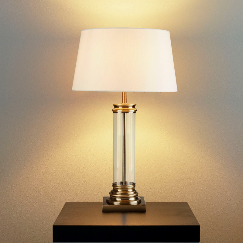 Searchlight 5141AB Pedestal Table Lamp - Antique Brass, Glass & Cream Fabric