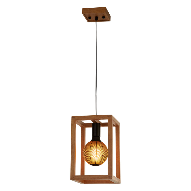 Searchlight 54741-1NA Square  Pendant  - Natural Wood & Black Metal