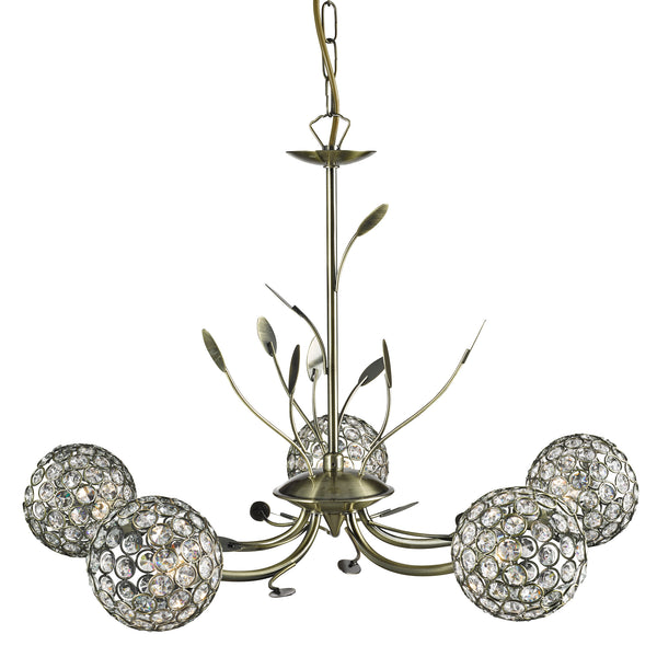 Searchlight 5575-5AB Bellis II 5Lt Pendant-  Antique Brass & Clear Glass