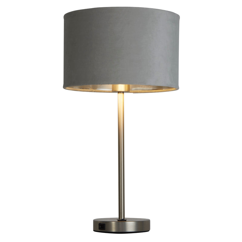 Searchlight 58911GY Finn USB Table Lamp - Satin Nickel Metal & Grey Velvet Shade - Searchlight - Falcon Electrical UK