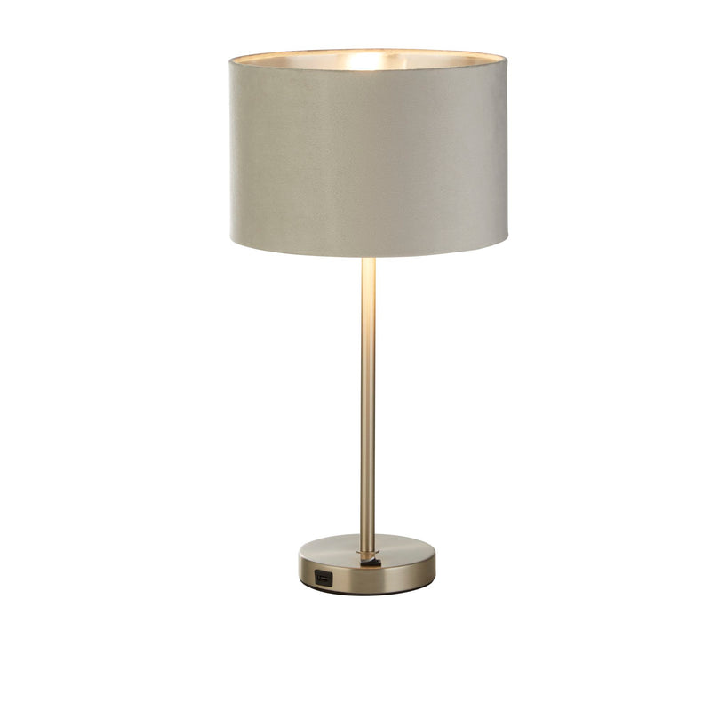 Searchlight 58911GY Finn USB Table Lamp - Satin Nickel Metal & Grey Velvet Shade - Searchlight - Falcon Electrical UK