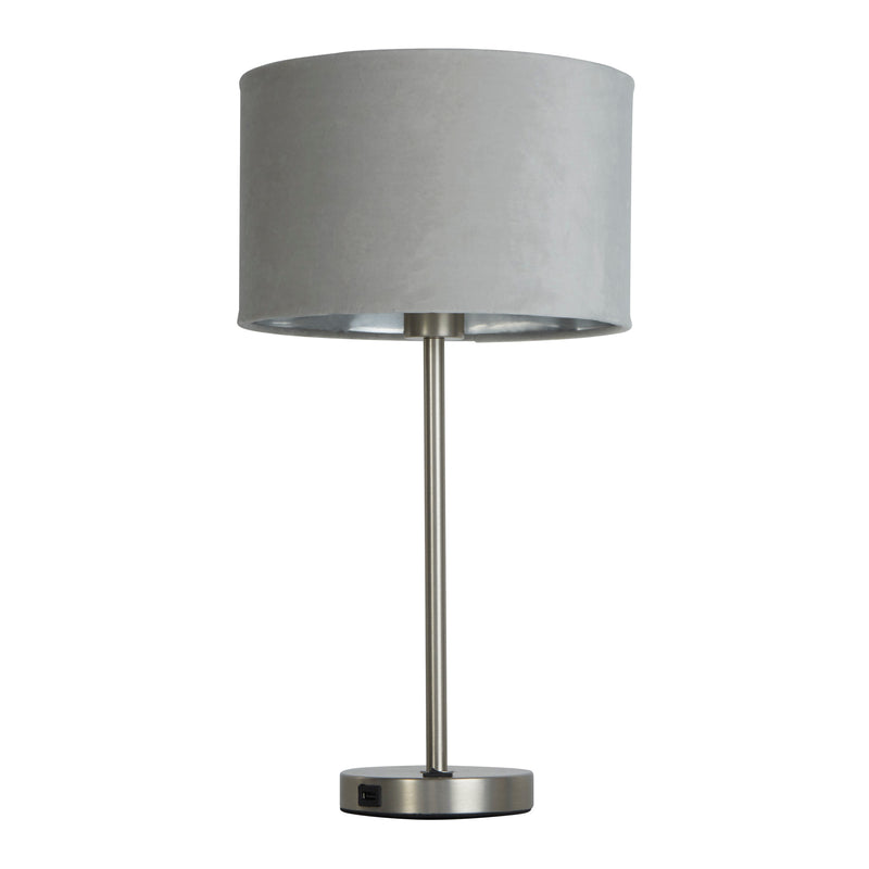 Searchlight 58911GY Finn USB Table Lamp - Satin Nickel Metal & Grey Velvet Shade - Searchlight - Falcon Electrical UK