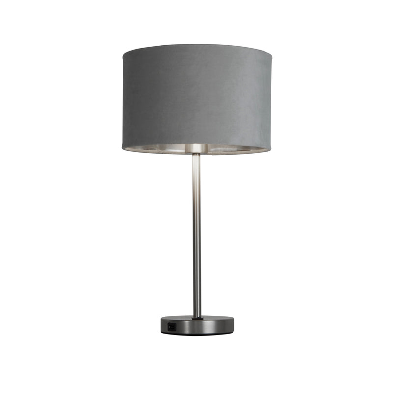 Searchlight 58911GY Finn USB Table Lamp - Satin Nickel Metal & Grey Velvet Shade - Searchlight - Falcon Electrical UK