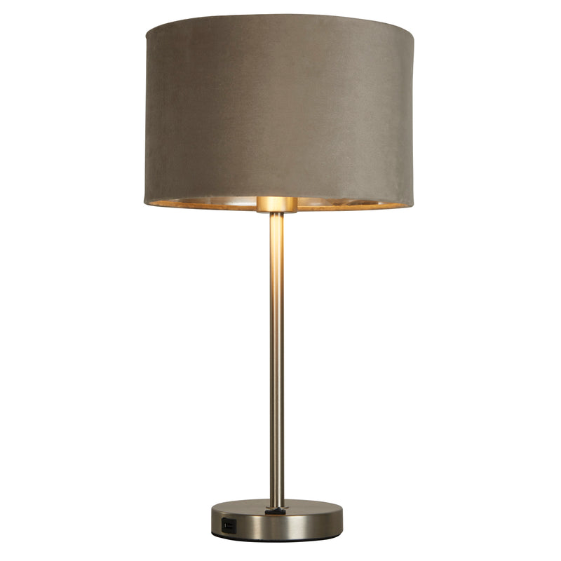 Searchlight 58911TA Finn USB Table Lamp -Satin Nickel Metal & Taupe Velvet Shade - Searchlight - Falcon Electrical UK