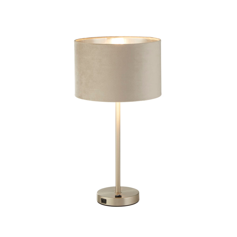 Searchlight 58911TA Finn USB Table Lamp -Satin Nickel Metal & Taupe Velvet Shade - Searchlight - Falcon Electrical UK