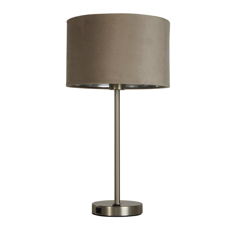 Searchlight 58911TA Finn USB Table Lamp -Satin Nickel Metal & Taupe Velvet Shade - Searchlight - Falcon Electrical UK