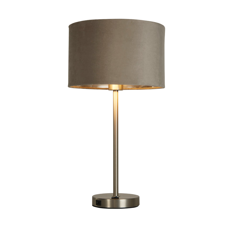 Searchlight 58911TA Finn USB Table Lamp -Satin Nickel Metal & Taupe Velvet Shade - Searchlight - Falcon Electrical UK