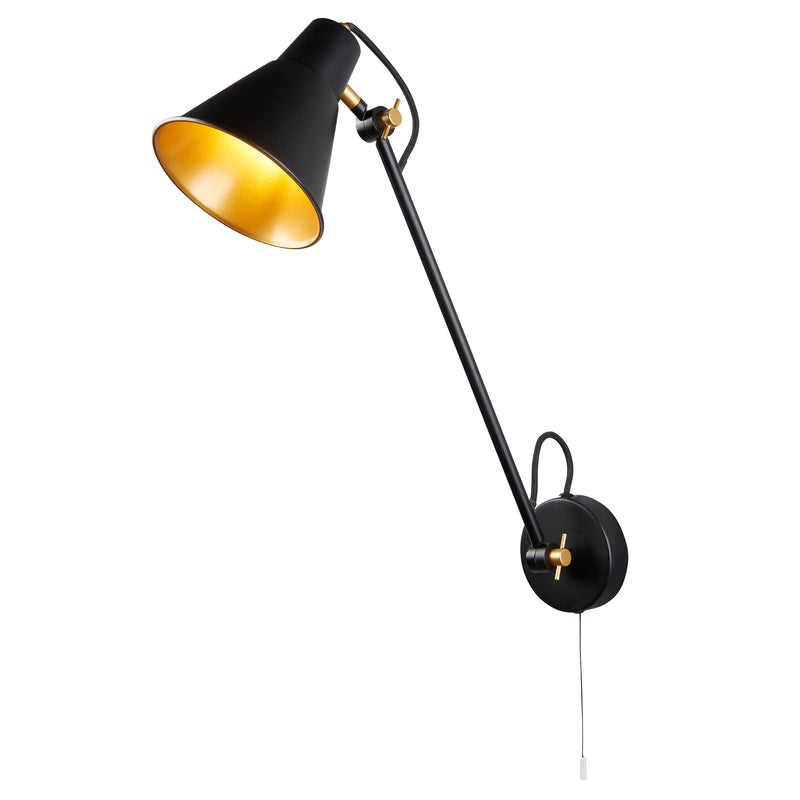 Searchlight 6302BK Swing Arm  Wall Light  - Matt Black & Gold Metal