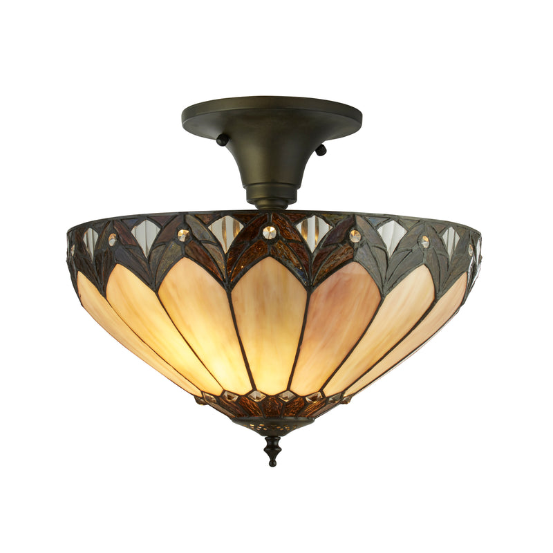 Searchlight 6701-40 Pearl Semi-Flush-Antique Brass & Stained Glass