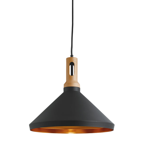 Searchlight 7051BK Wong Pendant -  Black with Wood Effect Cap