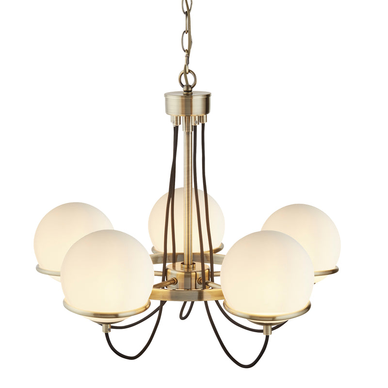 Searchlight 7095-5AB Sphere 5Lt Pendant - Antique Brass Metal & Opal Glass