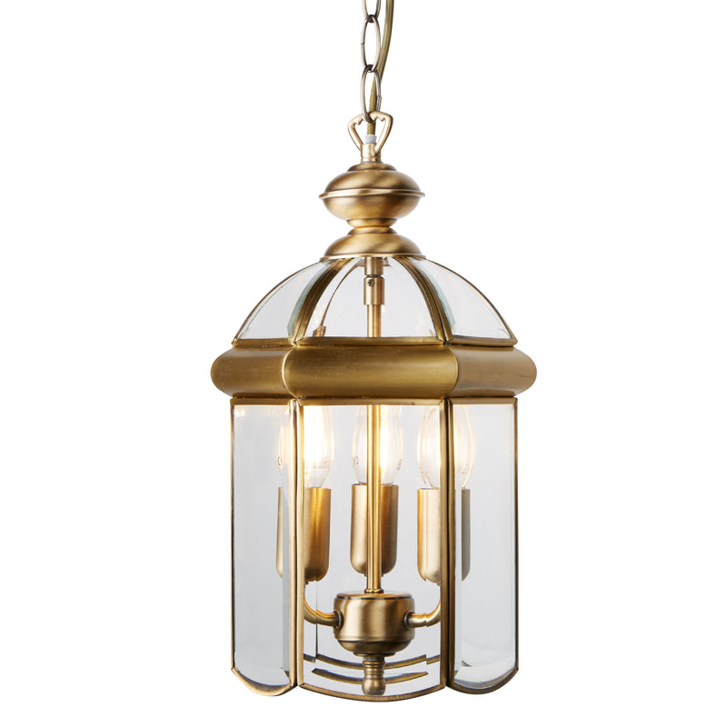 Searchlight 7133AB Bevelled Lantern 3Lt Pendant - Antique Brass Metal & Glass