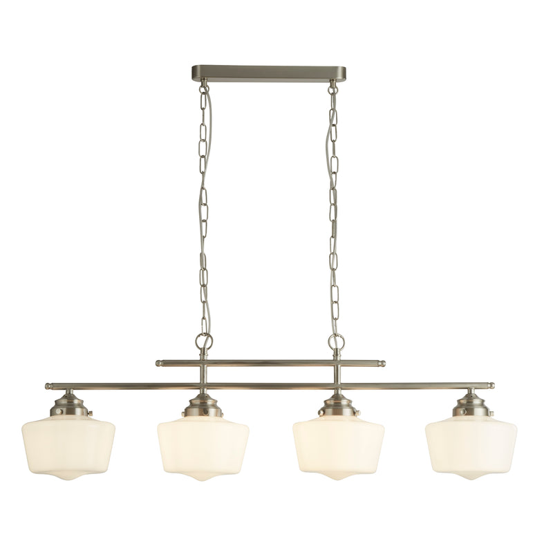 Searchlight 8084-4SS School House 4Lt Pendant- Satin Silver & Opal Glass