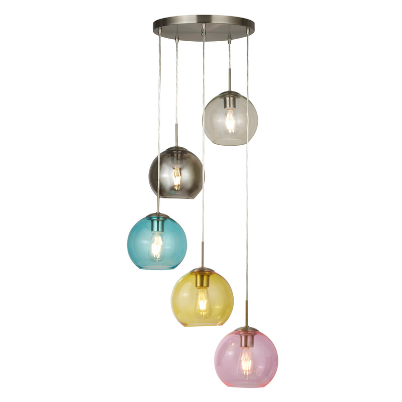 Searchlight 8135-5SS Mardi Gras 5Lt Pendant - Satin Silver Metal & Coloured Glass