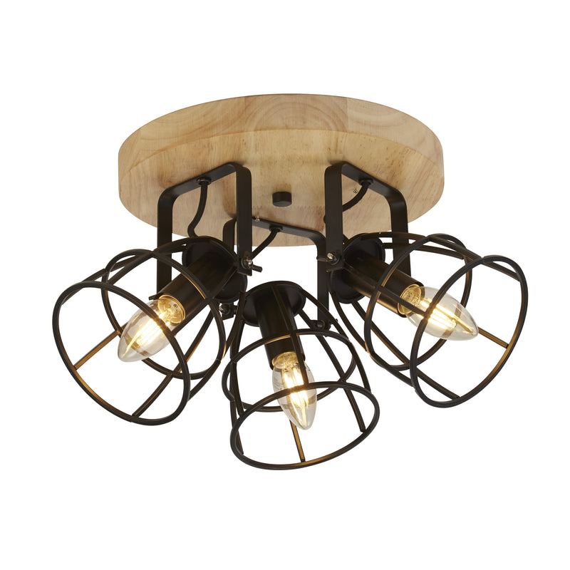 Searchlight 81698-3BK Vision 3Lt Round Ceiling Light - Matt Black Metal & Wood