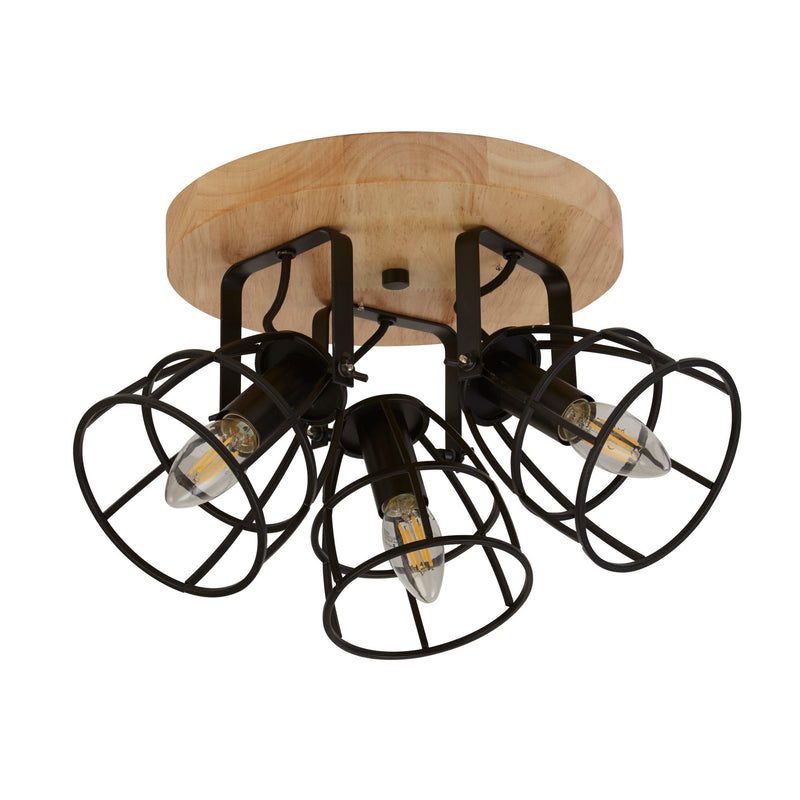 Searchlight 81698-3BK Vision 3Lt Round Ceiling Light - Matt Black Metal & Wood