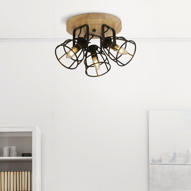 Searchlight 81698-3BK Vision 3Lt Round Ceiling Light - Matt Black Metal & Wood