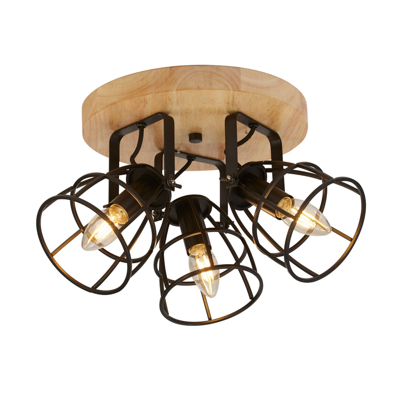 Searchlight 81698-3BK Vision 3Lt Round Ceiling Light - Matt Black Metal & Wood