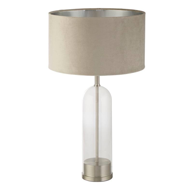 Searchlight 81713TA Oxford Table Lamp - Glass, Satin Nickel & Taupe Velvet Shade