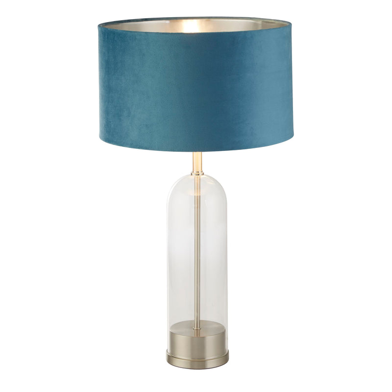 Searchlight 81713TE Oxford Table Lamp - Glass, Satin Nickel & Teal Velvet Shade