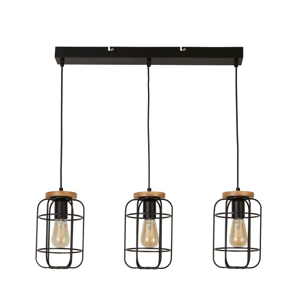 Searchlight 81953-3BK Vision 3Lt Bar Pendant - Matt Black Metal & Wood