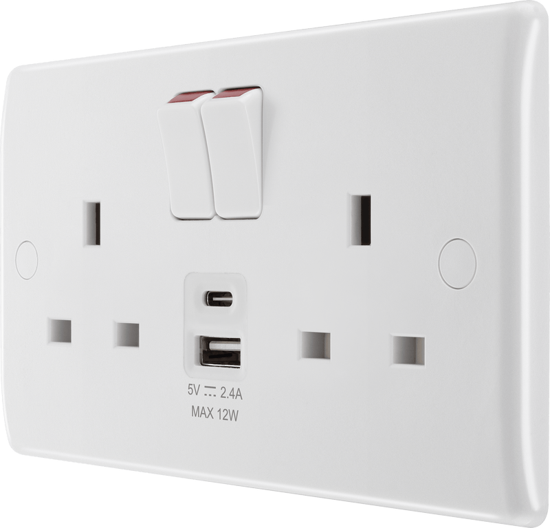 BG 822UAC12 Nexus White Moulded Double Switched Socket w/ USB A + C (12W) - BG - Falcon Electrical