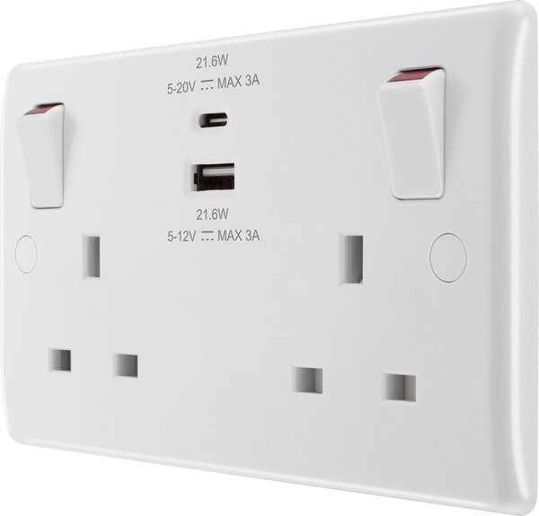 BG 822UAC22 Nexus White Moulded Double Switched Socket w/ Fastcharge USB A + C (22W) - BG - Falcon Electrical