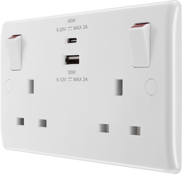 BG 822UAC45 Nexus White Moulded Double Switched Socket w/ Fastcharge USB A + C (45W) - BG - Falcon Electrical