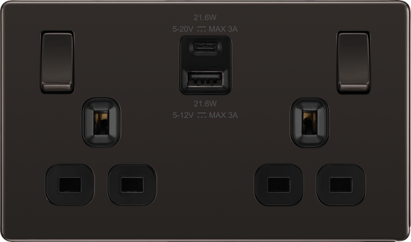 BG FBN22UAC22B Double Switched Single Pole Socket w/ USB A+C (22W) Screwless Flatplate Black Nickel - BG - Falcon Electrical