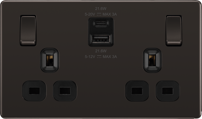 BG FBN22UAC22B Double Switched Single Pole Socket w/ USB A+C (22W) Screwless Flatplate Black Nickel - BG - Falcon Electrical