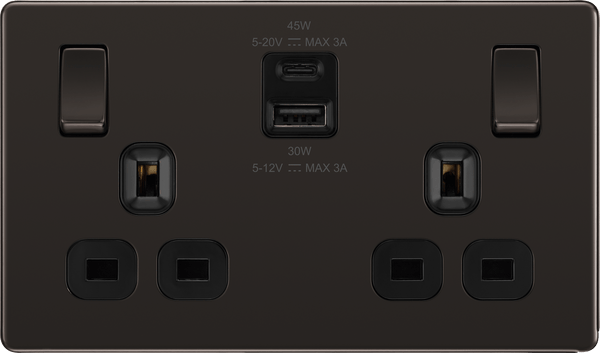 BG FBN22UAC45B Double Switched Single Pole Socket w/ USB A+C (45W) Screwless Flatplate Black Nickel - BG - Falcon Electrical