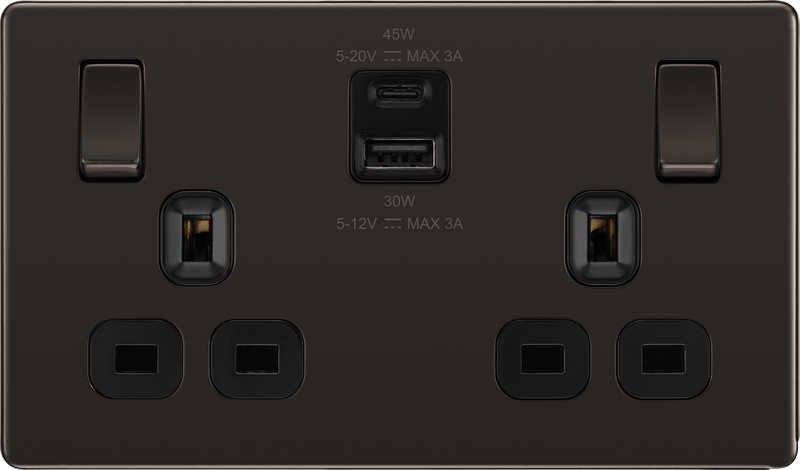 BG FBN22UAC45B Double Switched Single Pole Socket w/ USB A+C (45W) Screwless Flatplate Black Nickel - BG - Falcon Electrical