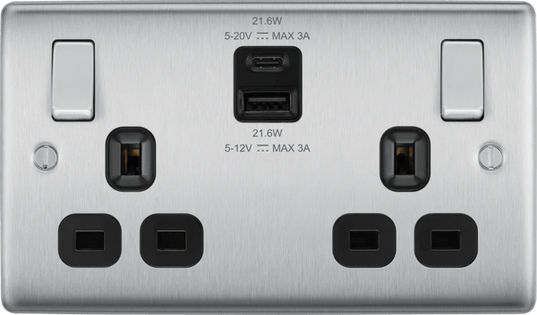 BG NBS22UAC22B Double switched single pole, with USB A + C (22W) - BG - Falcon Electrical